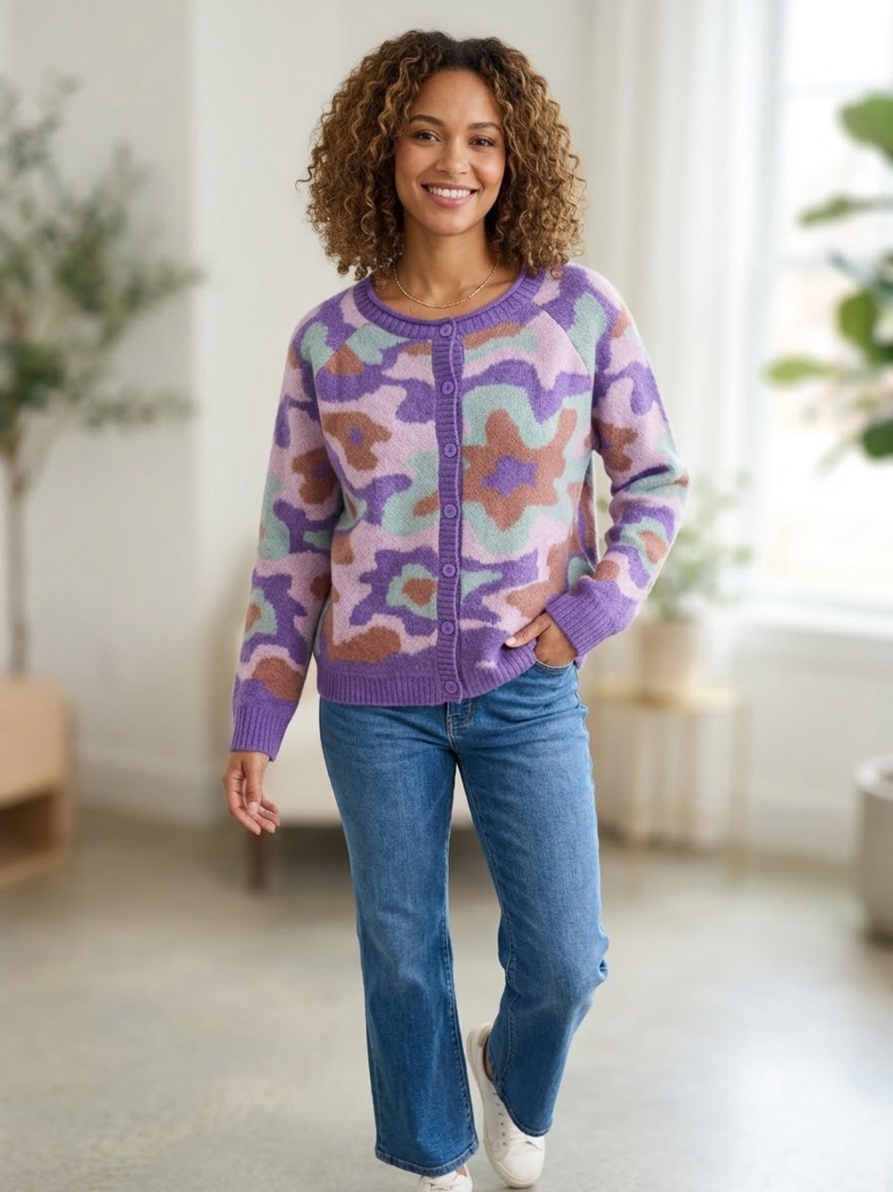 LOGO Lori Goldstein Abstract Button Cardigan Large purple fall brown